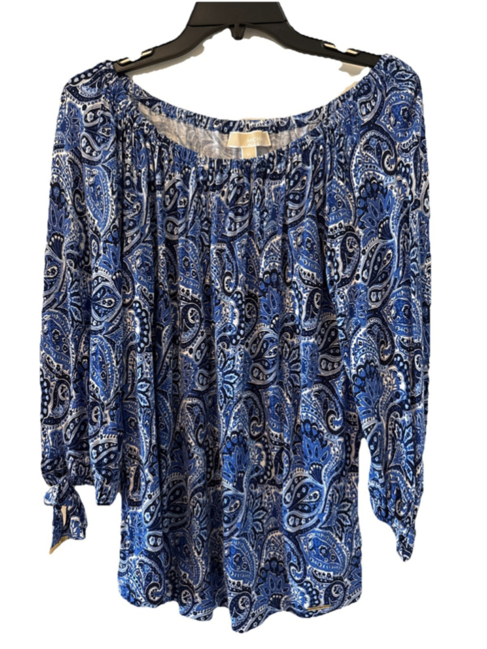 Michael Kors Women's 3/4 Sleeve Blue&White Off Shoulder Top Gold Tone Accents XL